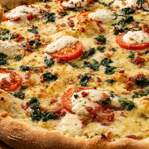 Close-up of a pizza with melted cheese, tomato slices, spinach, and dollops of ricotta cheese.