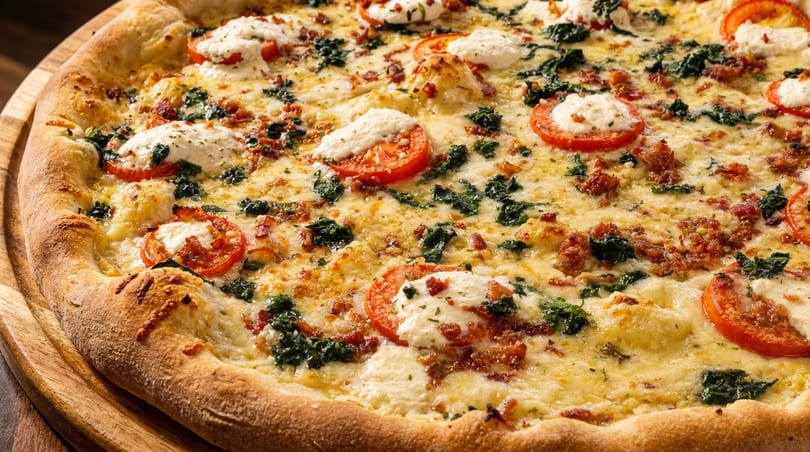 Close-up of a pizza with melted cheese, tomato slices, spinach, and dollops of ricotta cheese.