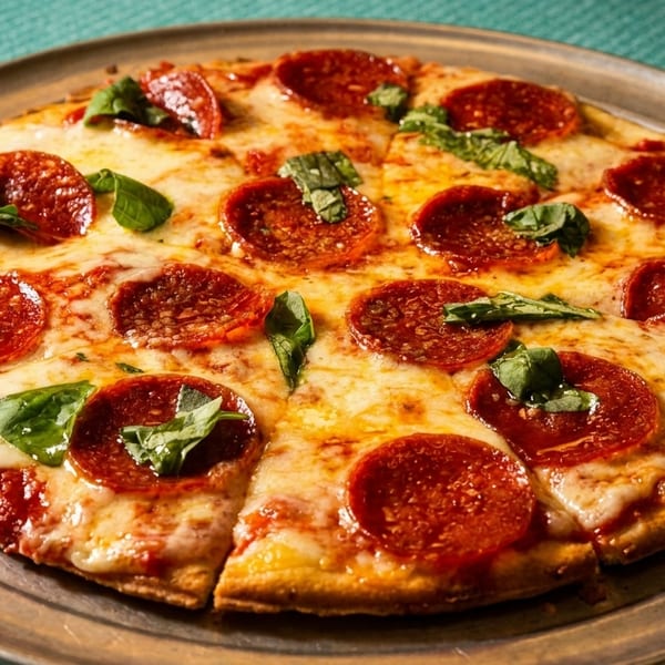 Pepperoni pizza with melted cheese and fresh basil on a round metal tray.