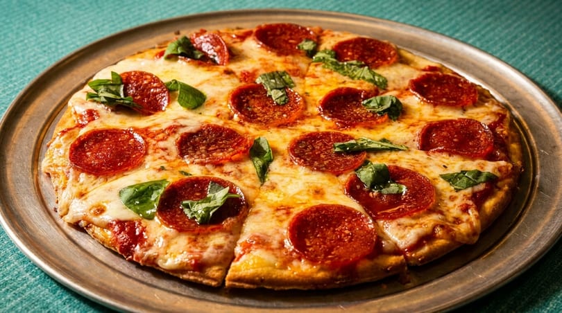 Pepperoni pizza with melted cheese and fresh basil on a round metal tray.