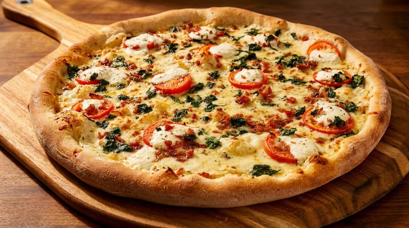 A white pizza with tomatoes, spinach, and bacon on a wooden pizza peel.