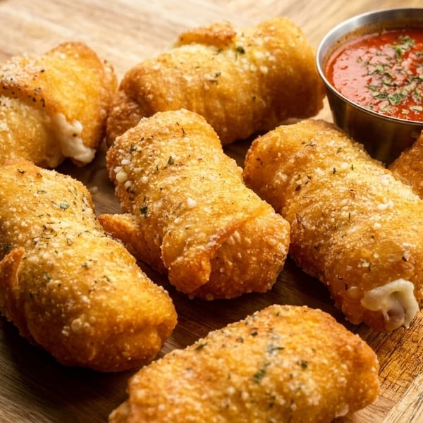 Golden-brown fried cheese sticks with parmesan and herbs, served with a side of marinara sauce.