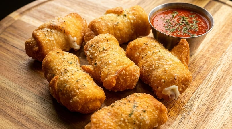 Golden-brown fried cheese sticks with parmesan and herbs, served with a side of marinara sauce.