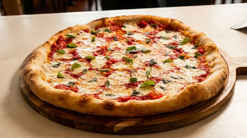 A freshly baked Margherita pizza with melted mozzarella, red sauce, and basil on a wooden peel.