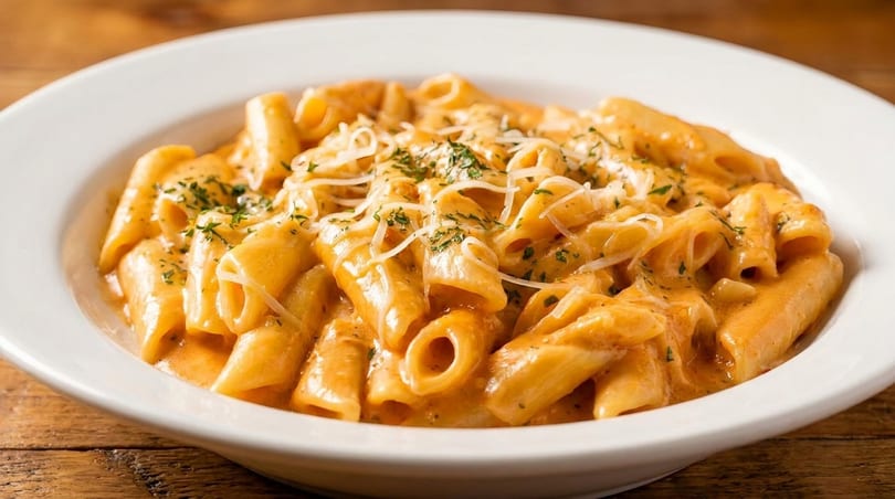Penne pasta in a creamy orange sauce, topped with grated cheese and fresh herbs in a white bowl.