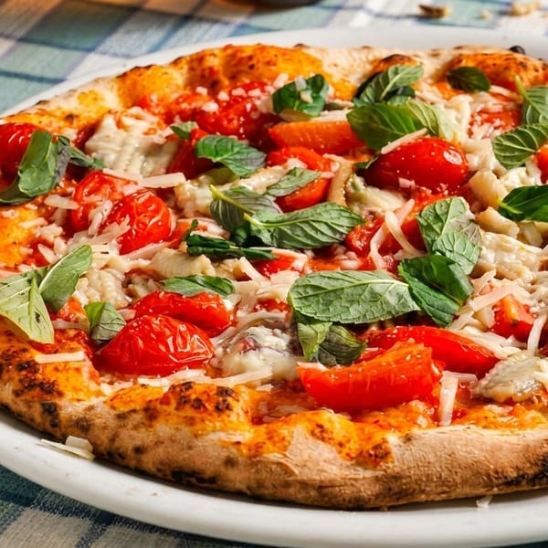 A freshly baked pizza with cherry tomatoes, basil, and cheese on a white plate.