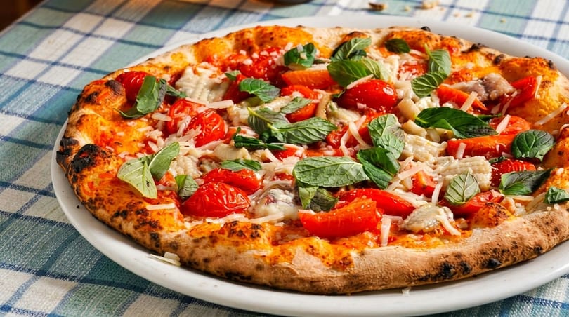 A freshly baked pizza with cherry tomatoes, basil, and cheese on a white plate.