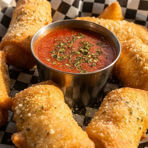Golden-brown fried mozzarella sticks with parmesan and herbs, served with a side of marinara sauce.