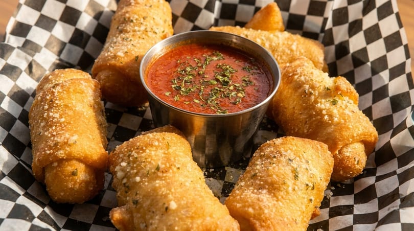 Golden-brown fried mozzarella sticks with parmesan and herbs, served with a side of marinara sauce.