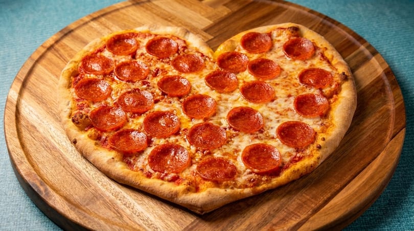 Heart-shaped pepperoni pizza with melted cheese on a wooden serving board.